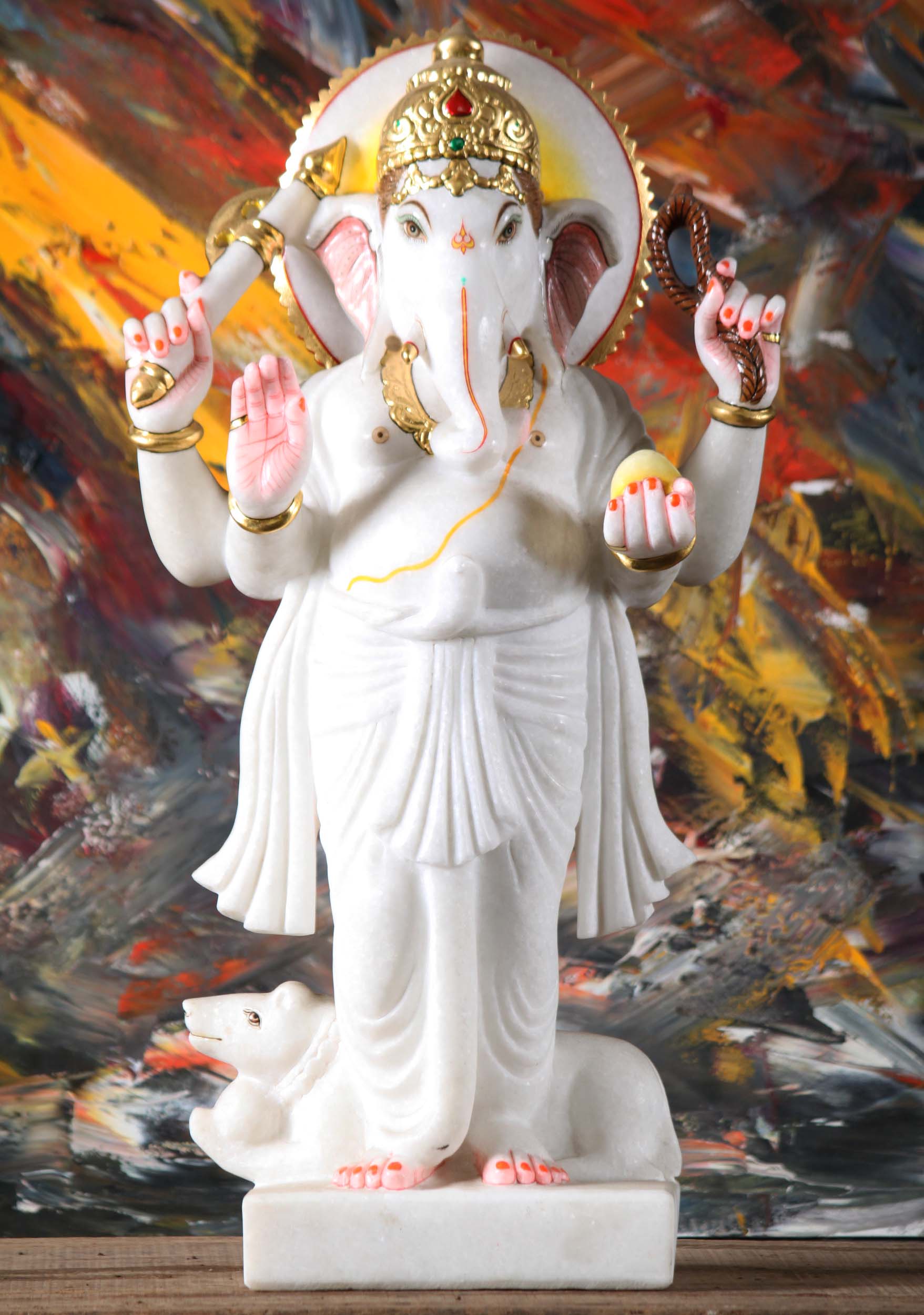 Standing Indian Makrana White Marble Ganesh Statue Elegantly Painted with Rat 23.5"